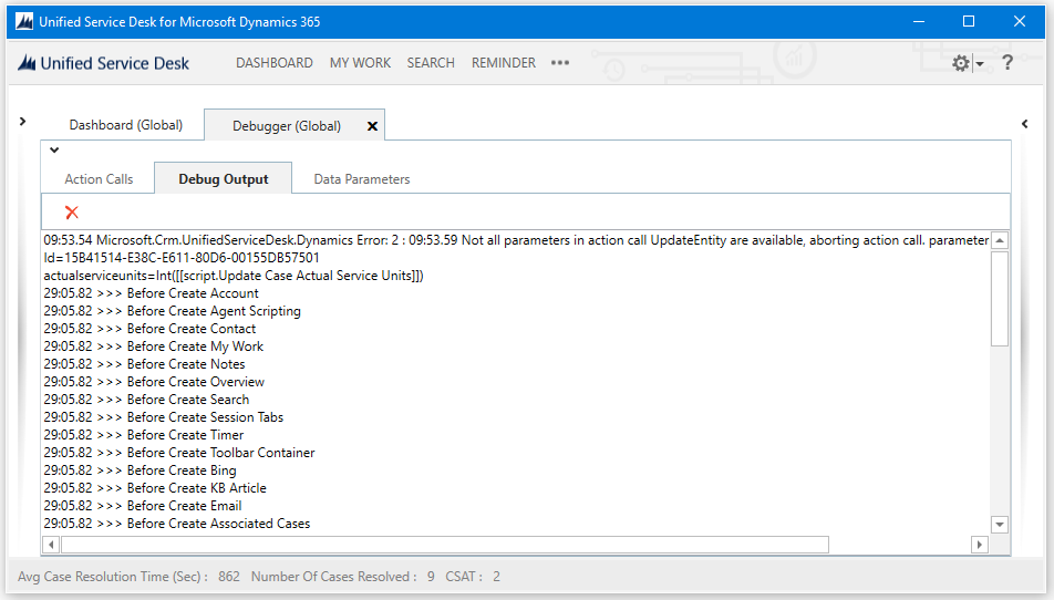 Unified Service Desk 디버그 출력 탭