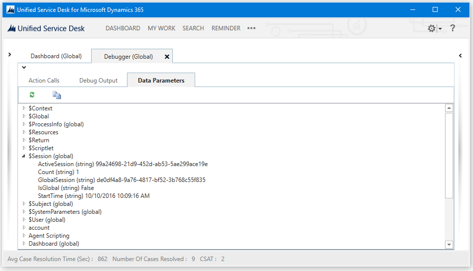 Unified Service Desk 디버그 데이터 매개 변수 탭