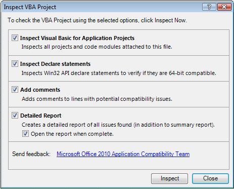 Inspect VBA Project 대화 상자