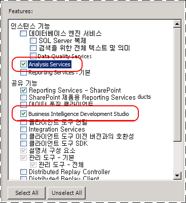 Analysis Services를 보여 주는 설치 기능 트리