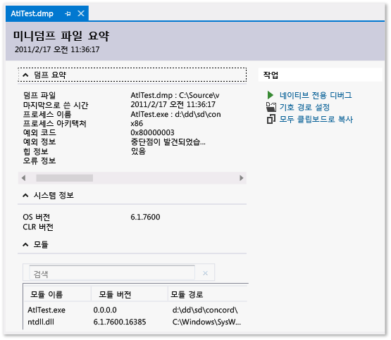 미니덤프 요약 페이지