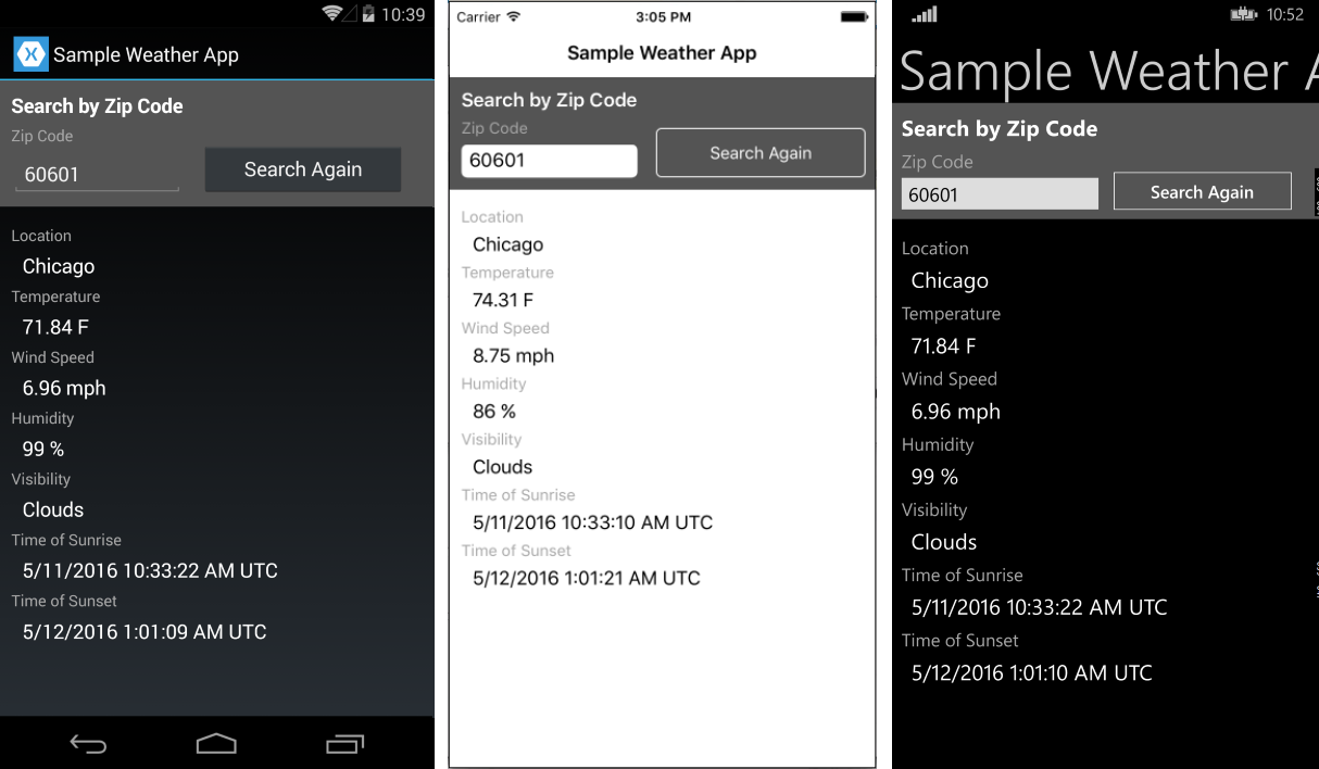 The Weather App sample on Android, iOS, and Windows Phone