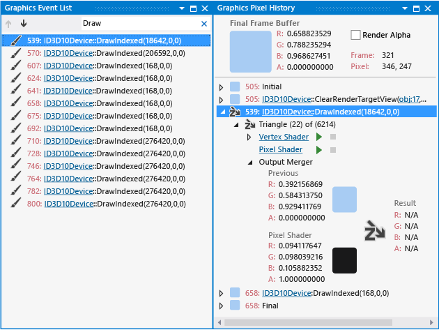 Pixel History window showing fragment info