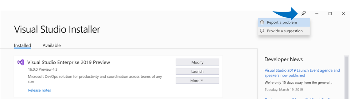 Screenshot showing the feedback icon selected in the upper right corner of the Visual Studio Installer and Report a Problem selected on the context menu.