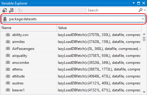 Variable explorer showing a package scope