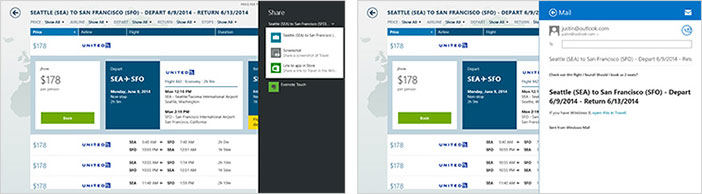 공유 창이 열려 있는 Bing 여행 앱 및 콘텐츠를 공유하기 위한 메일 앱