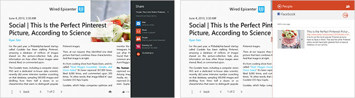 공유 창이 열려 있는 Wired Epicenter 및 콘텐츠를 Facebook에 공유하기 위한 피플 앱
