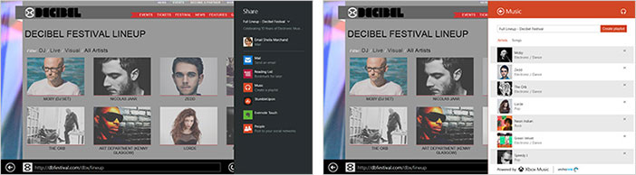 공유 창이 열려 있는 Decibel’s Festival Lineup 웹 사이트 및 Xbox Music, 재생 목록 만들기에 공유