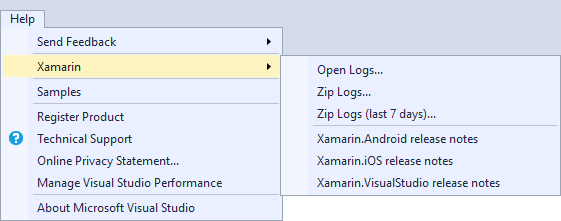 Xamarin menu item on the Help menu