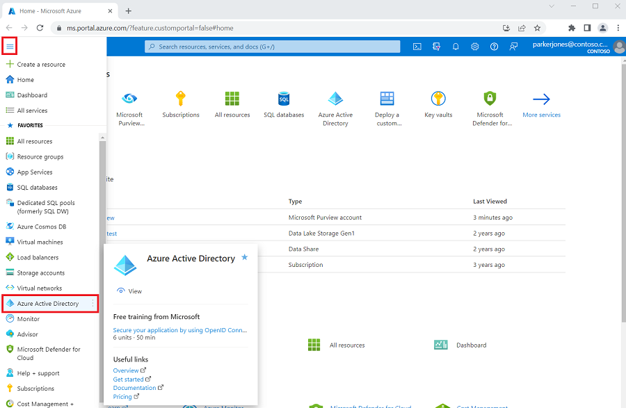 Azure Active Directory에 대한 링크를 보여 주는 스크린샷.