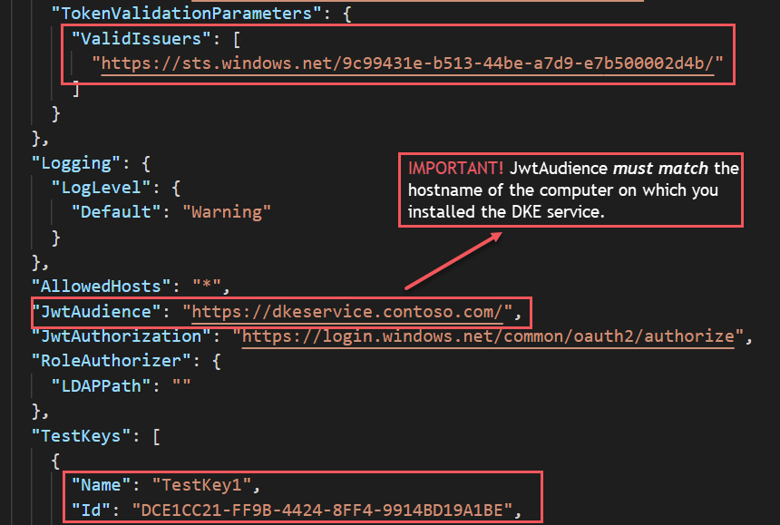 appsettings.json 파일에서 DKE에 대한 올바른 테넌트 및 키 설정을 표시합니다.