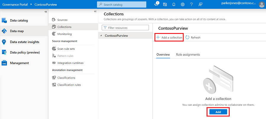'컬렉션 추가' 단추가 강조 표시된 새 컬렉션 창을 보여 주는 Microsoft Purview 거버넌스 포털 창의 스크린샷
