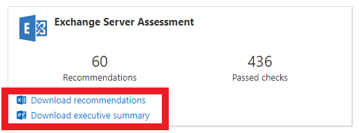 Exchange Server 평가 타일과 다운로드할 수 있는 보고서를 찾을 수 있는 위치.