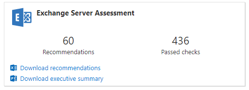 권장 사항 및 통과된 검사 수를 표시하는 Exchange Server 평가 타일.