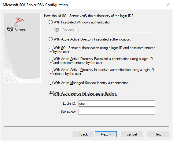 Microsoft Entra 서비스 주체 인증이 선택된 DSN 만들기 및 편집 화면입니다.