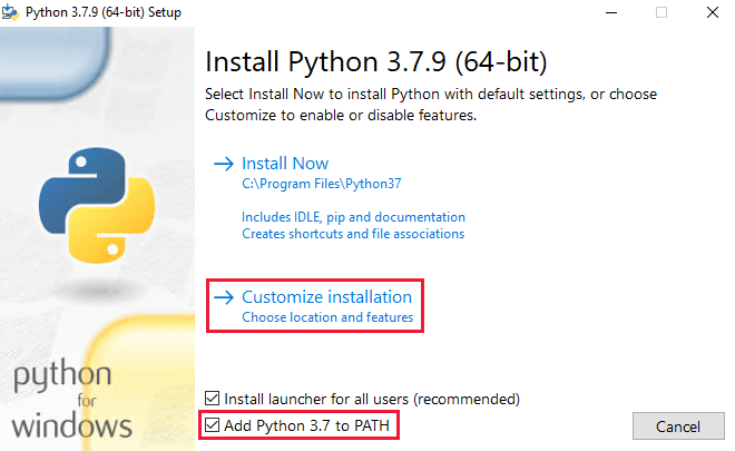 Python 3.7 설치 - PATH에 Python 3.7 추가