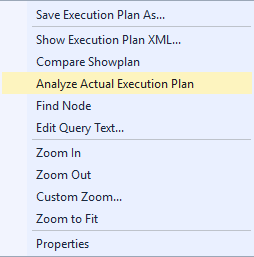 실제 실행 계획 분석을 마우스 오른쪽 단추로 클릭하는 것을 보여주는 스크린샷
