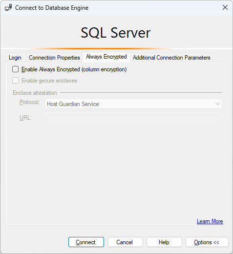 Always Encrypted를 사용하지 않도록 설정된 SSMS 연결 옵션의 스크린샷.