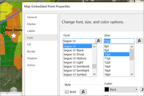 지도 포함 점 속성 대화 상자의 글꼴, 크기 및 색 옵션 변경 섹션을 보여 주는 스크린샷.