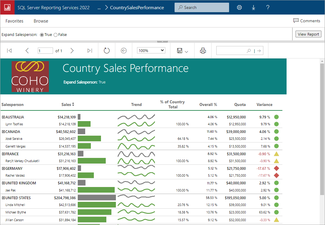 SQL Server 2022 Reporting Services 보고서의 스크린샷.