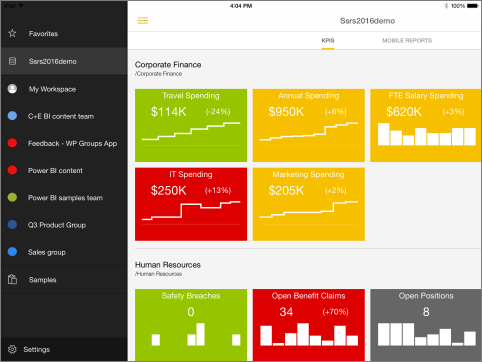 iOS용 Power BI Mobile 앱 인터페이스의 스크린샷.