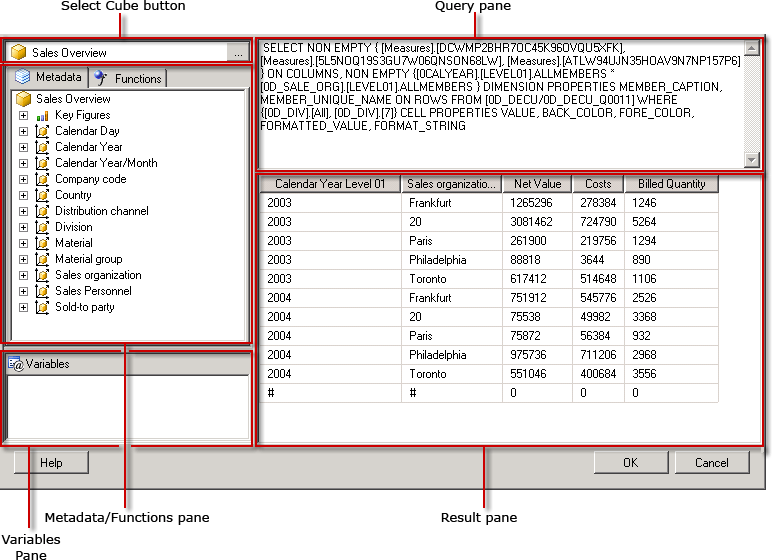 쿼리 뷰의 SAP BW MDX 쿼리 디자이너