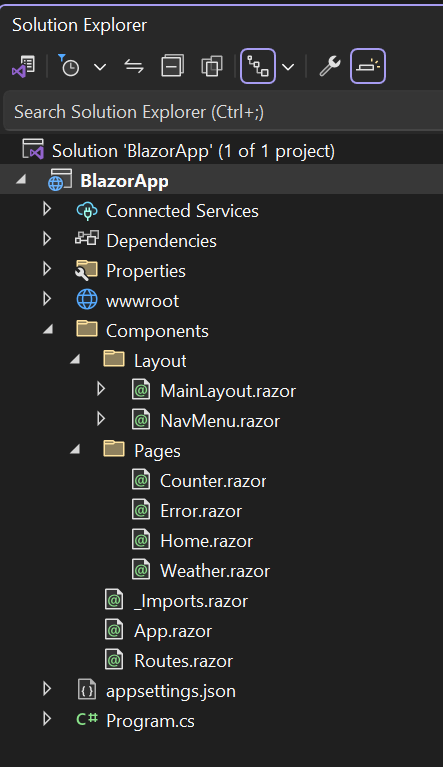 기본 Blazor Server 프로젝트의 파일 목록이 있는 Visual Studio 2022 솔루션 탐색기의 스크린샷.