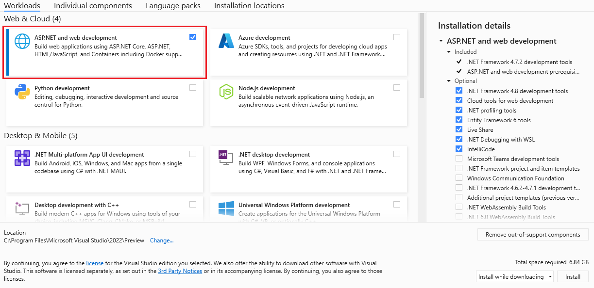 Visual Studio 설치 관리자에서 ASP.NET 및 웹 개발 워크로드를 선택하는 것을 보여 주는 스크린샷.