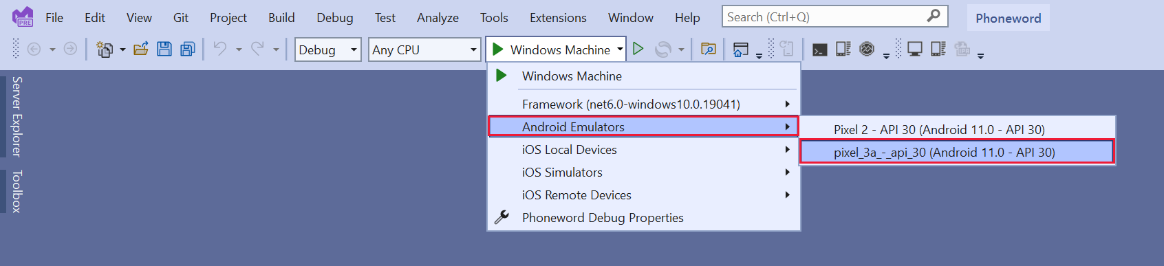 Visual Studio 도구 모음의 스크린샷. 사용자가 디버깅을 시작할 Android 에뮬레이터로 API 30 프로필을 사용하여 Pixel 3을 지정했습니다.