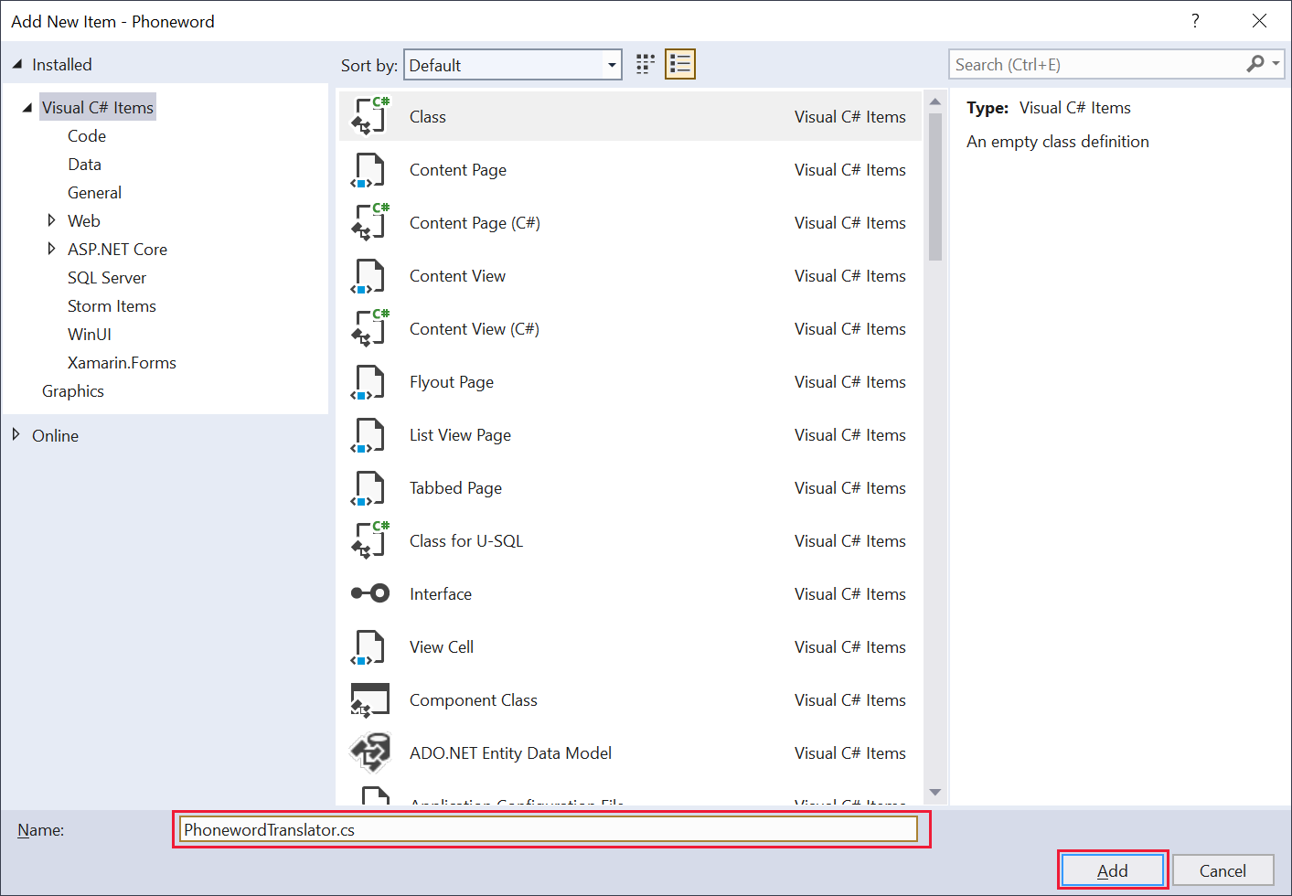 새 항목 추가 대화 상자의 스크린샷. 사용자는 클래스 파일의 이름을 PhonewordTranslator.cs로 지정했습니다.