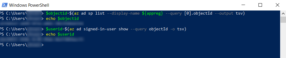 Windows PowerShell 환경을 사용하여 앱 개체 및 사용자 ID를 가져오는 스크린샷.