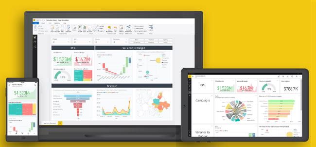 컴퓨터, 태블릿 및 휴대폰에 표시되는 Power BI 다이어그램입니다.