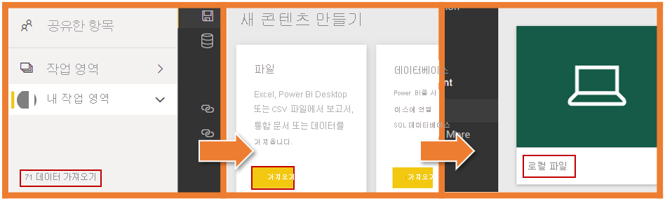 데이터 가져오기, 가져오기 및 로컬 파일 단추를 보여 주는 스크린샷 3개.