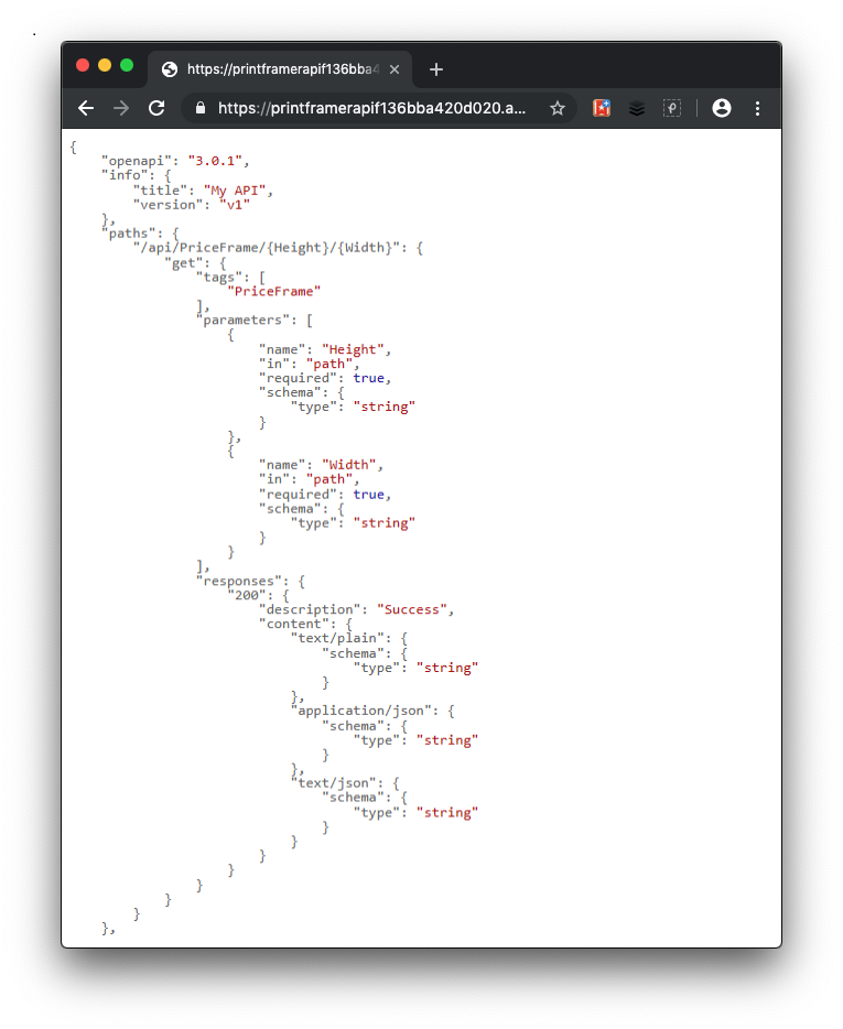 Swagger.json response in the browser showing the definition of our API.