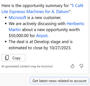 Screenshot of an opportunity summary generated by Sales Copilot.