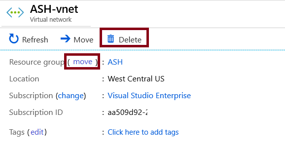 Screenshot from the portal of the route table page, with the Delete button highlighted to show you can delete an individual resource within a resource group.