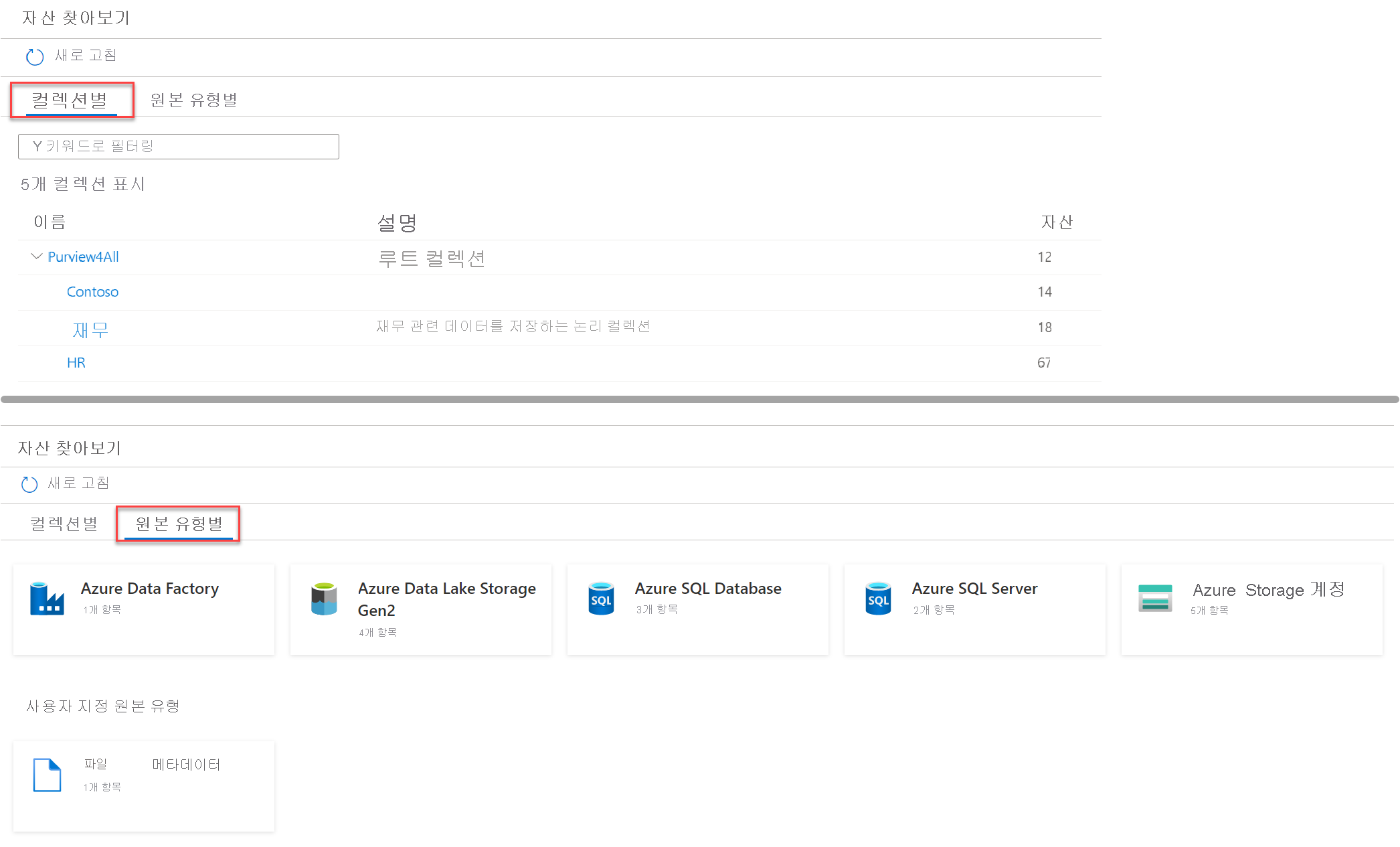 Screenshot of Microsoft Purview Governance Portal interface, displaying search by collection or source type interface options.