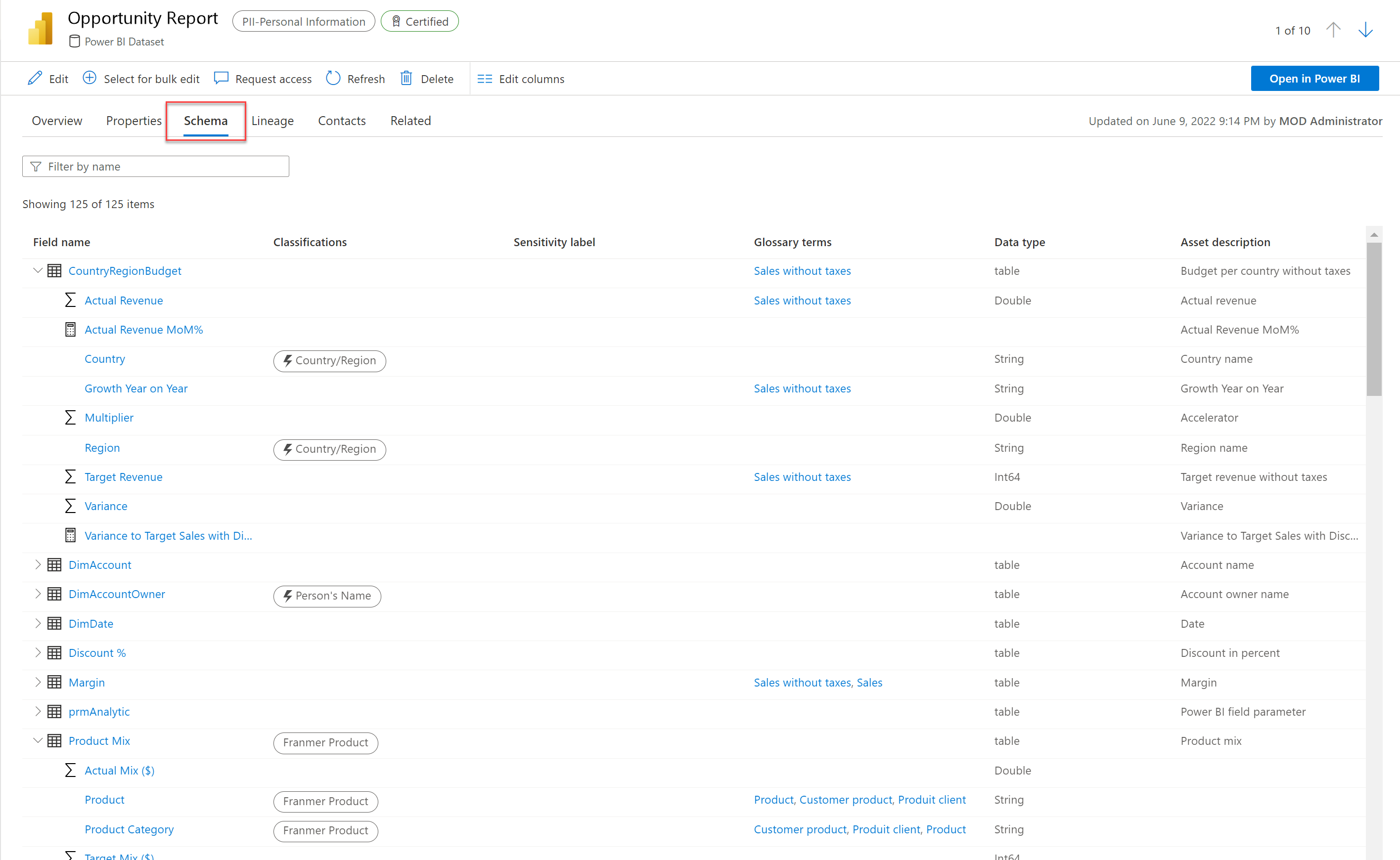 Screenshot showing Power B I enhanced metadata in Purview. Data assets displayed include fields, classifications, sensitivity labels, glossary terms, and data types.