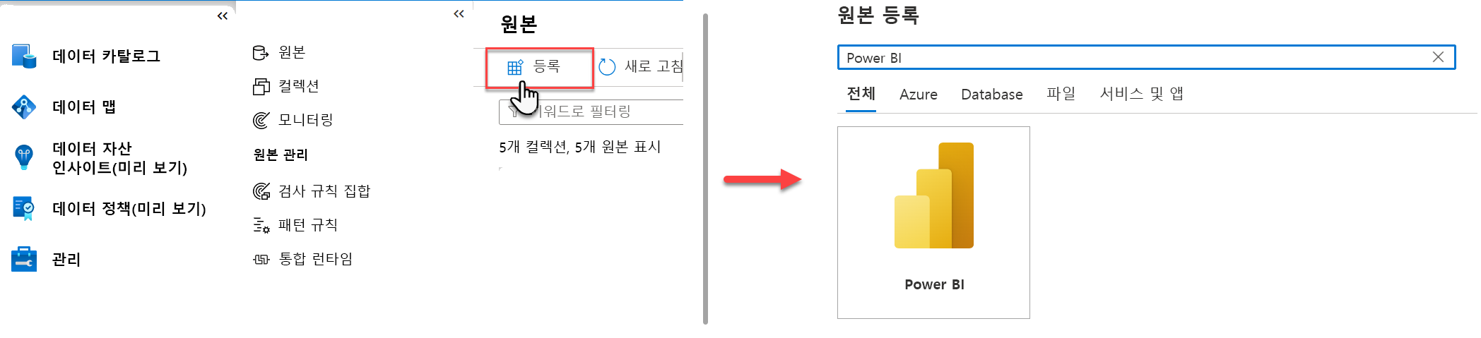 Screenshot of Microsoft Purview Data Map interface with pointer over blue register button.