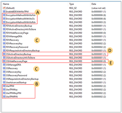 레지스트리 편집기 있는 BitLocker 레지스트리 키의 스크린샷