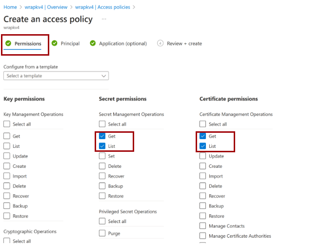 Azure Key Vault에 대한 액세스 정책을 추가하는 방법을 보여 주는 스크린샷