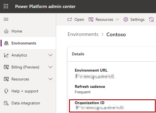 Power Platform 관리 센터에서 사용자 환경에서 찾을 수 있는 organization ID를 보여 주는 스크린샷