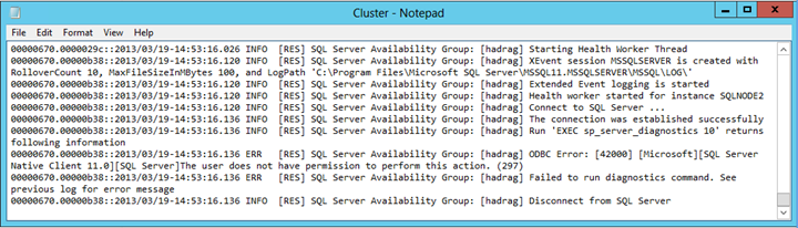 사례 2의 메모장에서 Cluster.log 파일의 스크린샷