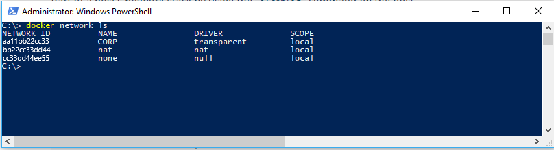 Docker 네트워크 ls PowerShell 명령을 보여 줍니다.