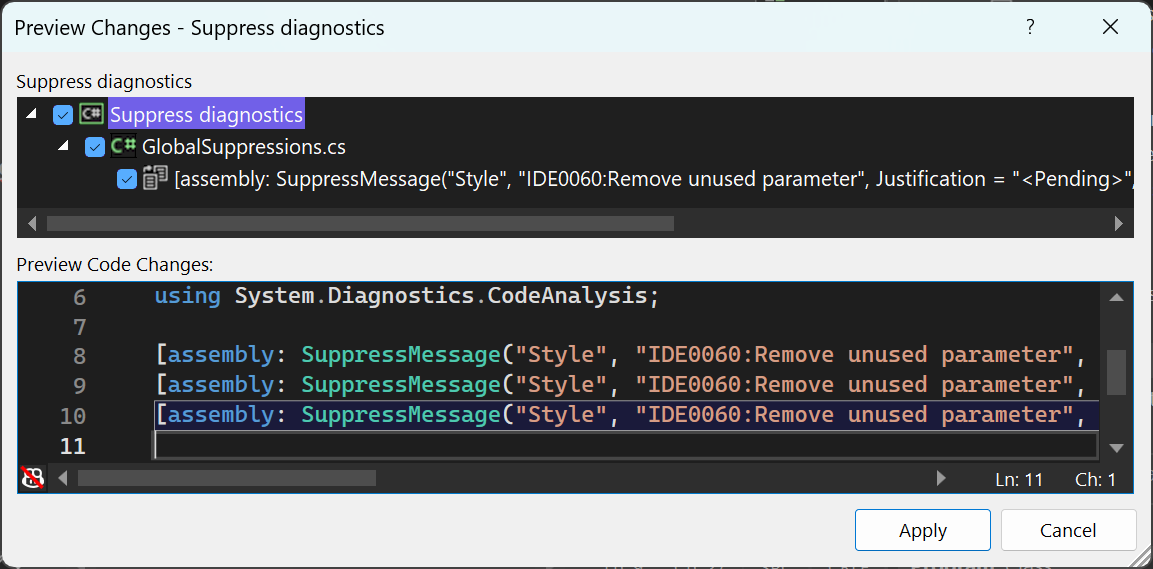 제거 파일에 SuppressMessageAttribute 특성이 있는 변경 내용 프리뷰 대화 상자를 보여 주는 스크린샷