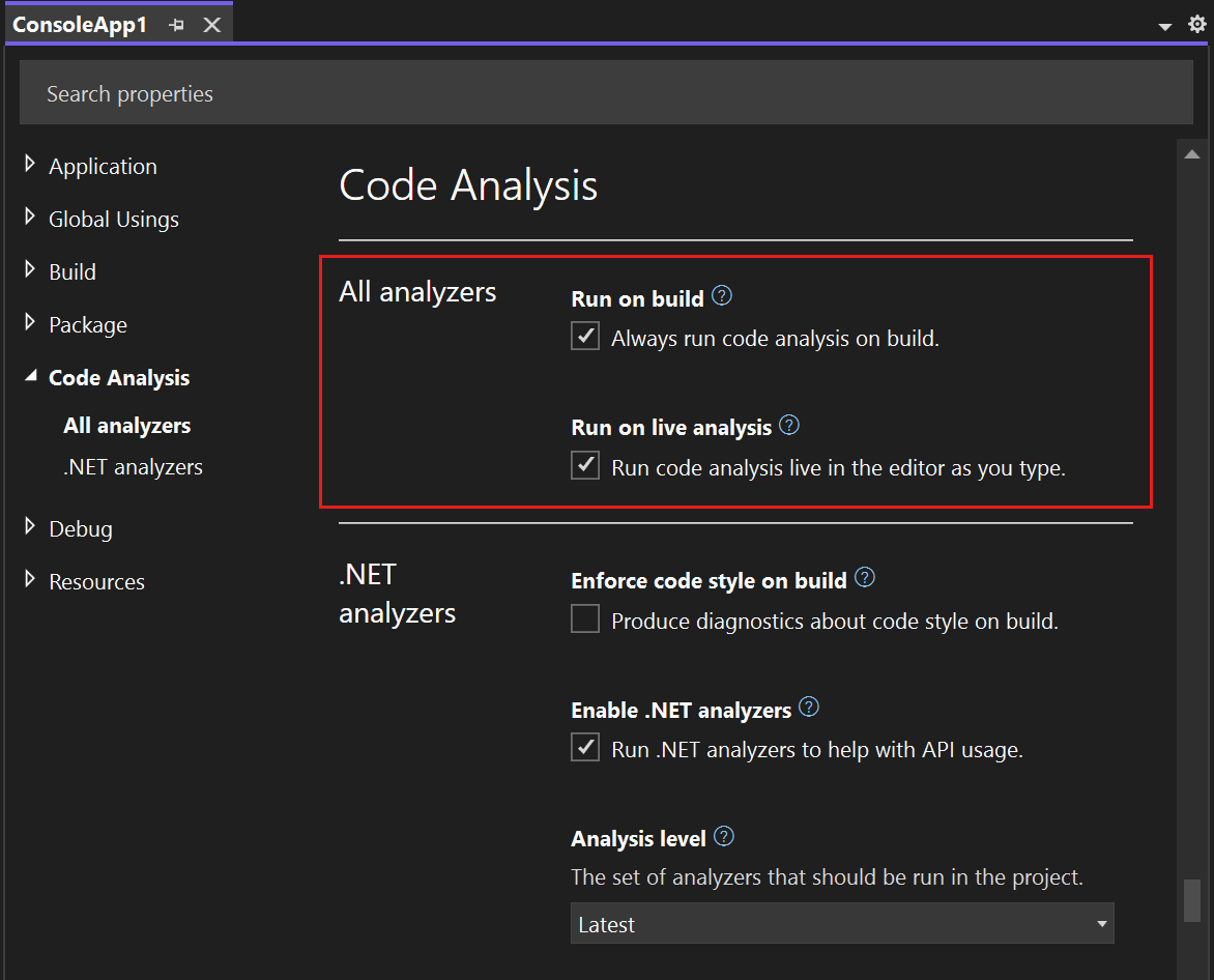 Code Analysis 속성 페이지를 보여 주는 스크린샷