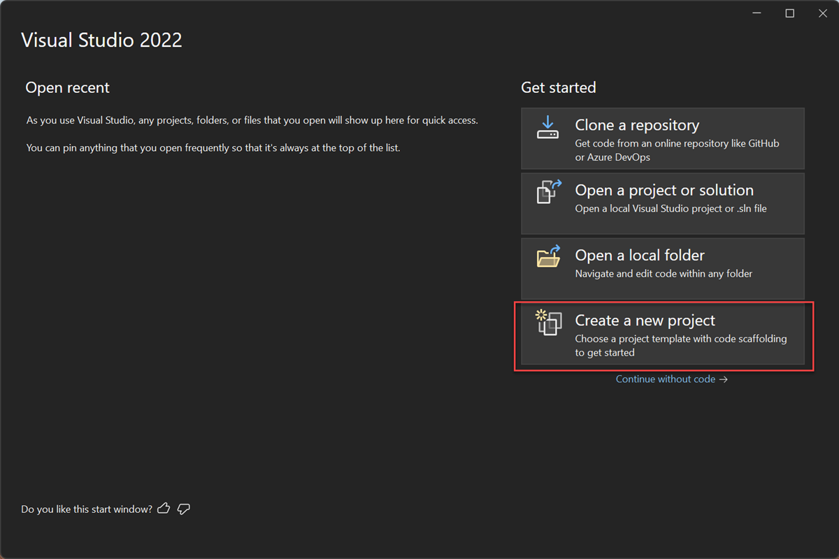 Screenshot shows the start window for Visual Studio. Create a new project option is highlighted.