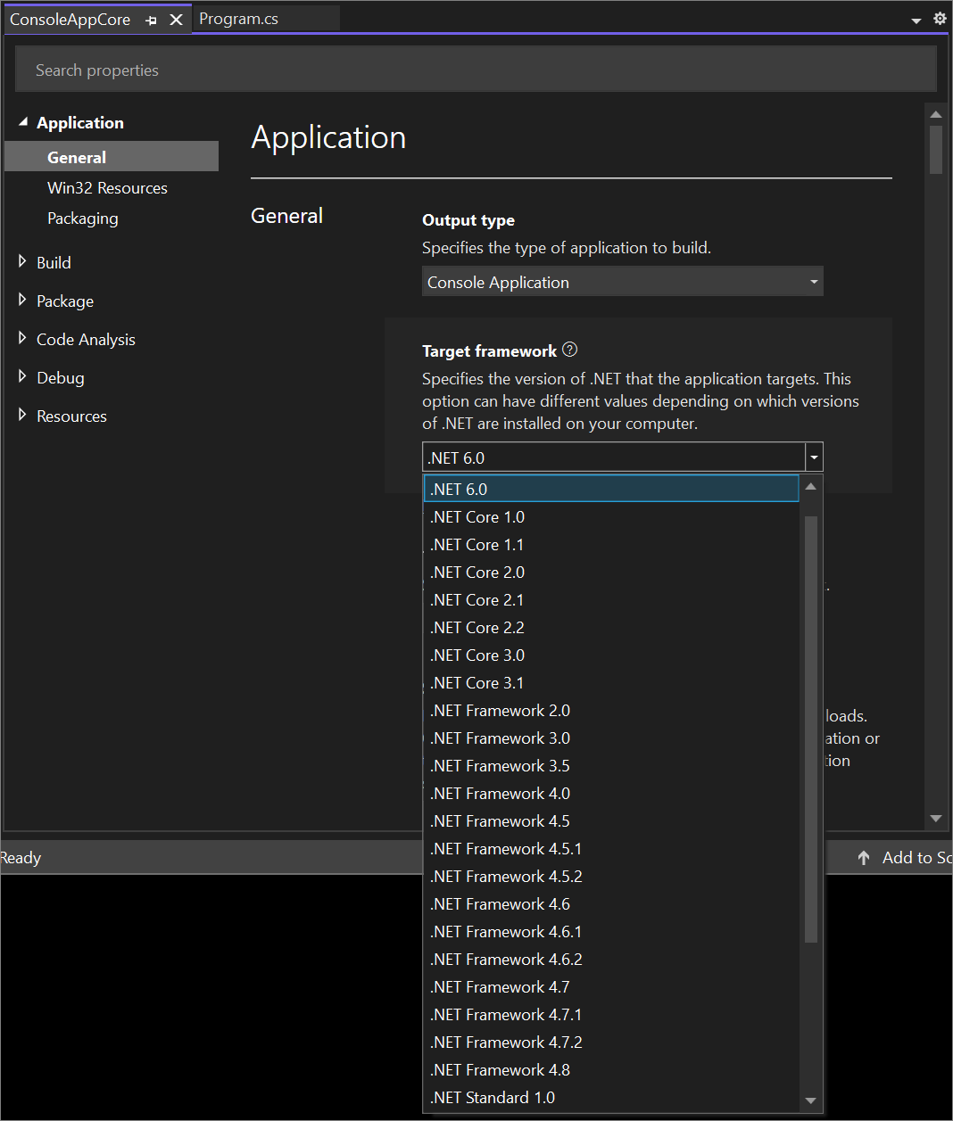 Visual Studio 2022의 .NET Core 프로젝트에 대한 대상 프레임워크 버전의 스크린샷