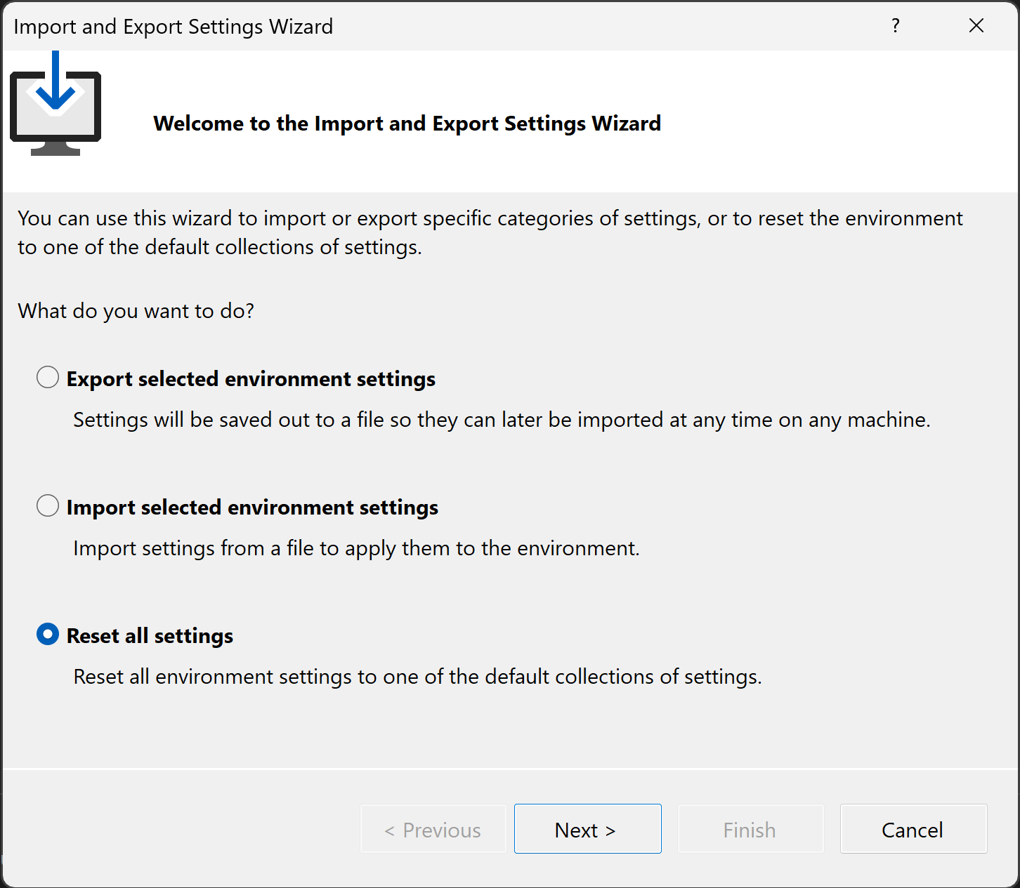 Visual Studio 2022의 '설정 가져오기 및 내보내기 마법사' 스크린샷.