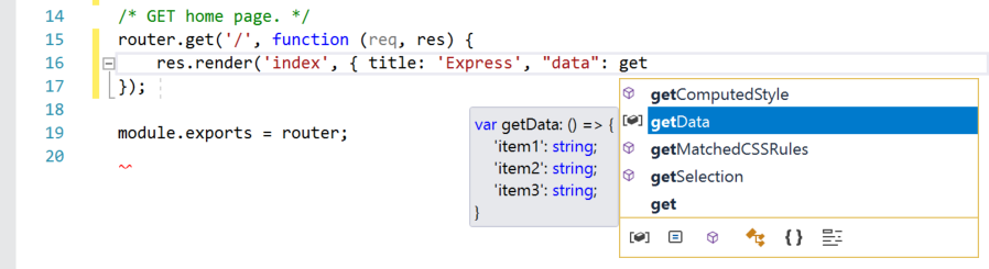 ‘get’이라는 단어가 입력된 Visual Studio 코드 창의 스크린샷. ‘get’으로 시작하는 모든 함수에 대한 IntelliSense 정보가 표시됨